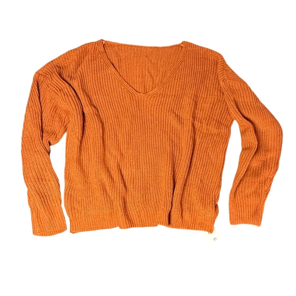 Elezay V-Neck Knit Sweater Ribbed Long Sleeve Pullover Burnt Orange Small